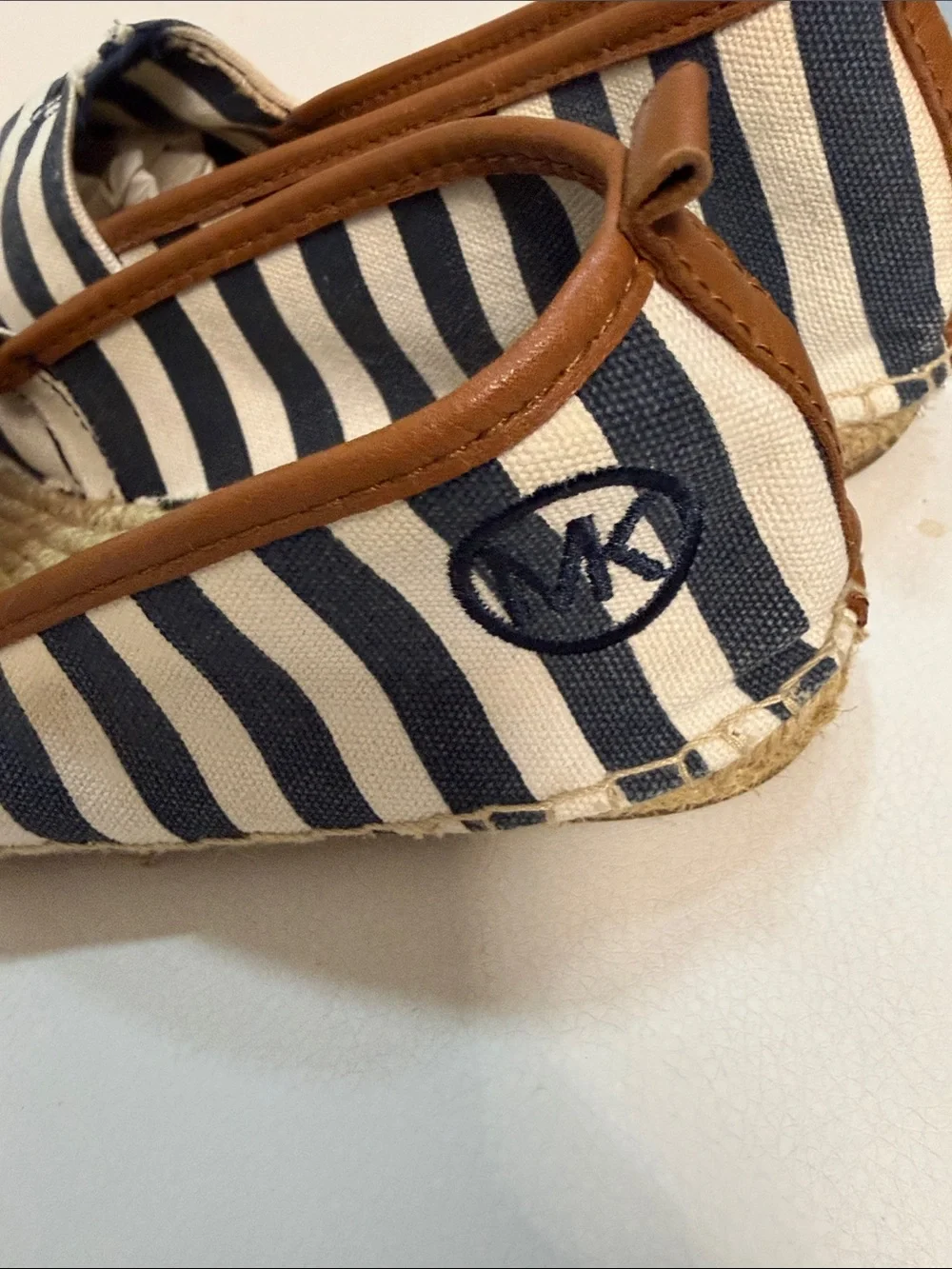 Michael Kors Navy & White Striped Espadrille Flats with Brown Trim